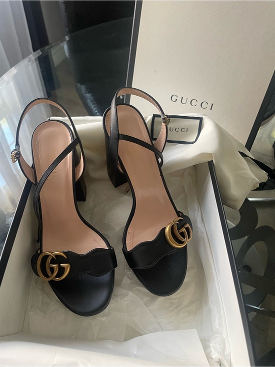 Gucci Shoes - Gucci Black Leather GG Gold-Logo Slingback Heels